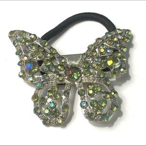 Ponytail Holder Brooch Green Rhinestones 2 In 1 Butterfly